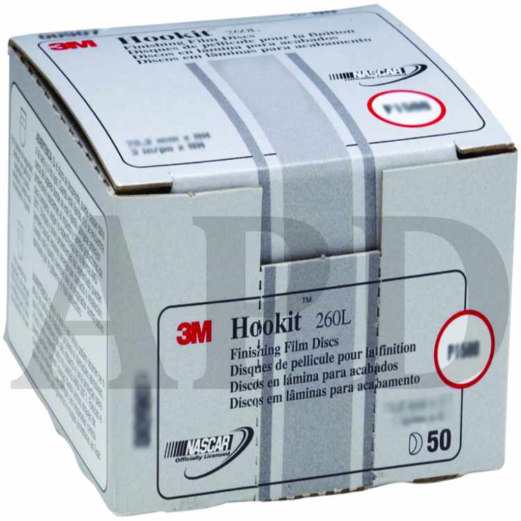 3M™ Hookit™ Finishing Film Abrasive Disc 260L, 00908, 3 in, P1200, 50
discs per carton, 4 cartons per case