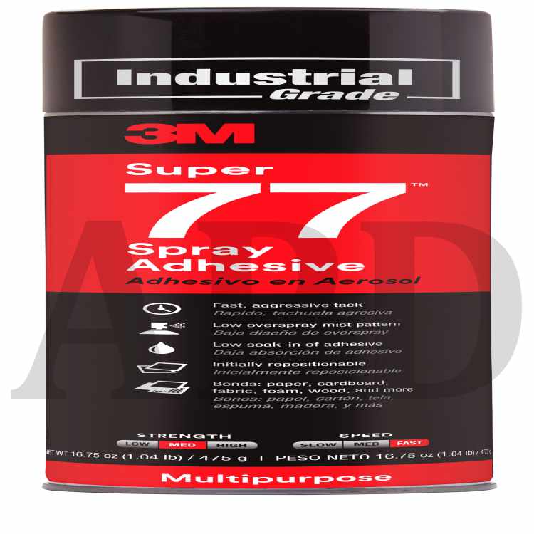 3M™ Super 77™ Multipurpose Spray Adhesive, 24 fl oz Can (Net Wt 16.75
oz), 12/Case, NOT FOR SALE IN CA AND OTHER STATES