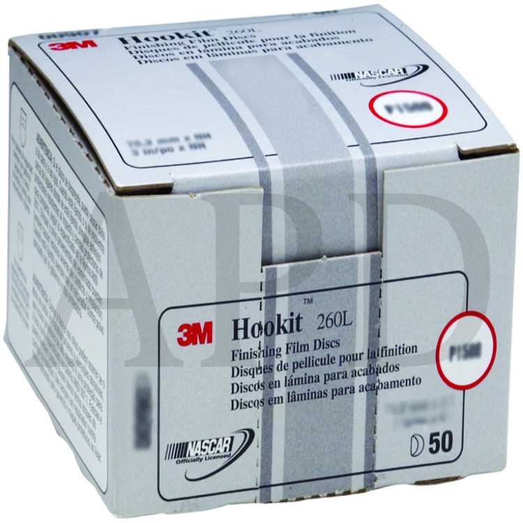3M™ Hookit™ Finishing Film Abrasive Disc 260L, 00909, 3 in, P1000, 50
discs per carton, 4 cartons per case