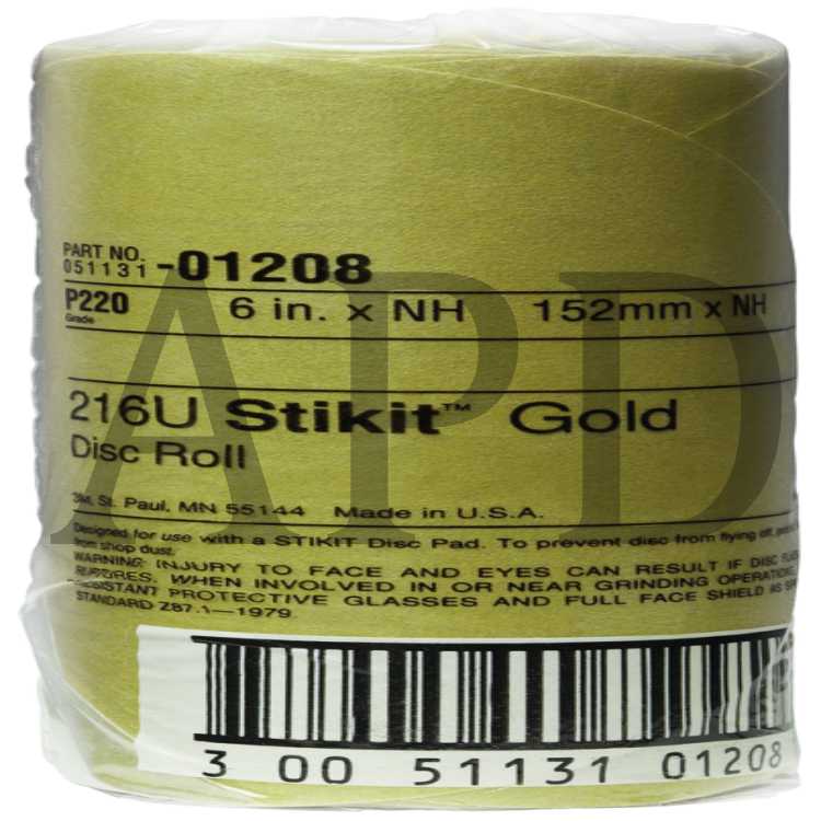 3M™ Stikit™ Gold Disc Roll, 01208, 6 in, P220, 75 discs per roll, 12
rolls per case