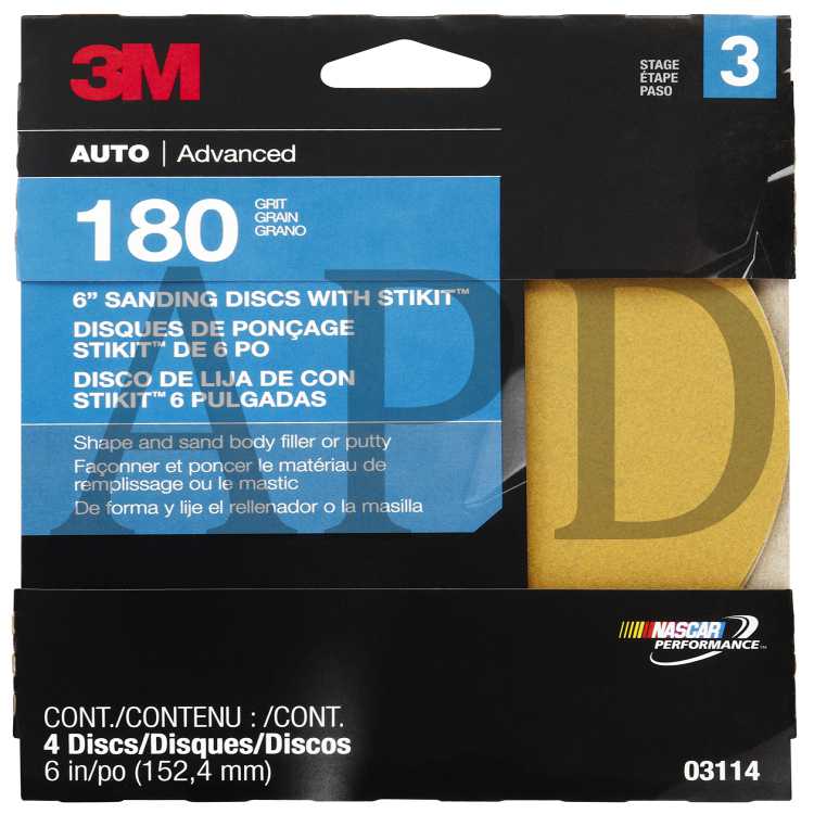 3M™ Sanding Disc with Stikit™ Attachment, 03114, 6 in, 180 grit, 4 discs
per pack, 20 packs per case