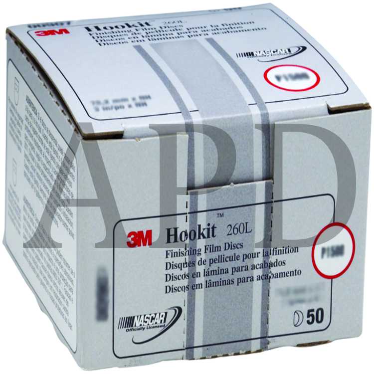 3M™ Hookit™ Finishing Film Abrasive Disc 260L, 00910, 3 in, P800, 50
discs per carton, 4 cartons per case