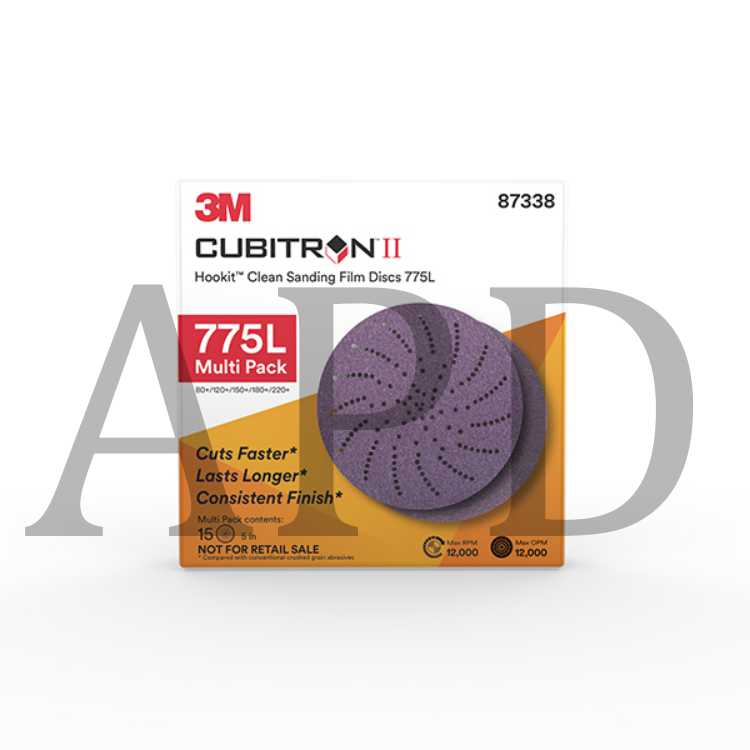 3M™ Cubitron™ II Hookit™ Clean Sanding Film Disc 775L, 87338, 5 in x NH,
80+ to 220+, Multi Pack, 15 discs per pack, 20 packs per case