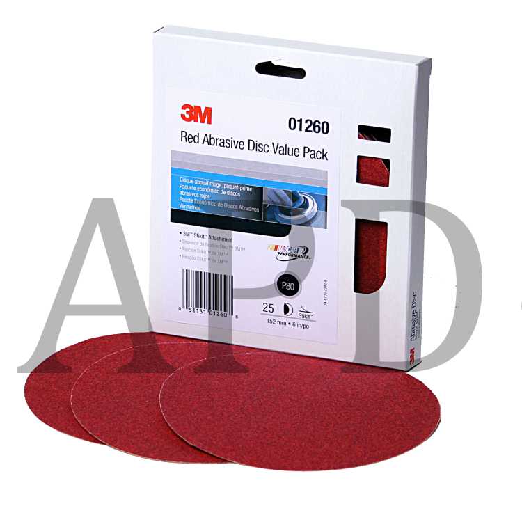 3M™ Red Abrasive Stikit™ Disc Value Pack, 01260, 6 in, P80, 25 discs per
carton, 4 cartons per case