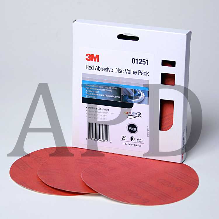 3M™ Red Abrasive Stikit™ Disc Value Pack, 01251, 6 in, P400 grade, 25
discs per carton, 4 cartons per case