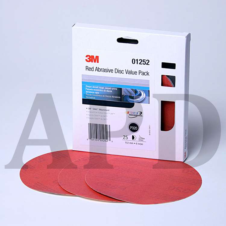 3M™ Red Abrasive Stikit™ Disc Value Pack, 01252, 6 in, P320 grade, 25
discs per pack, 4 packs per case