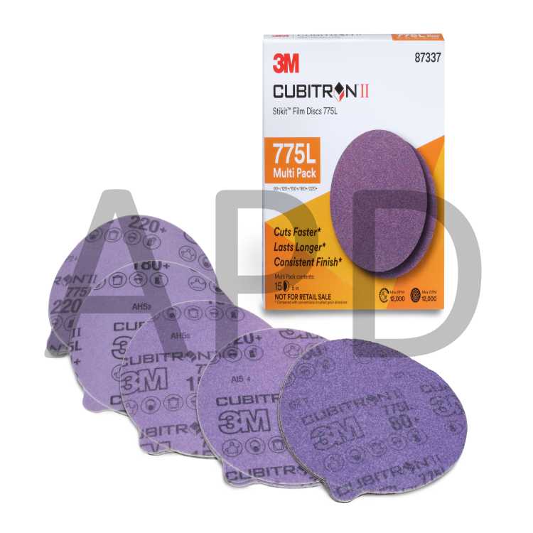 3M™ Cubitron™ II Stikit™ Film Disc 775L, 87337, 5 in x NH, 80+ to 220+,
Multi Pack, 15 per pack, 20 packs per case
