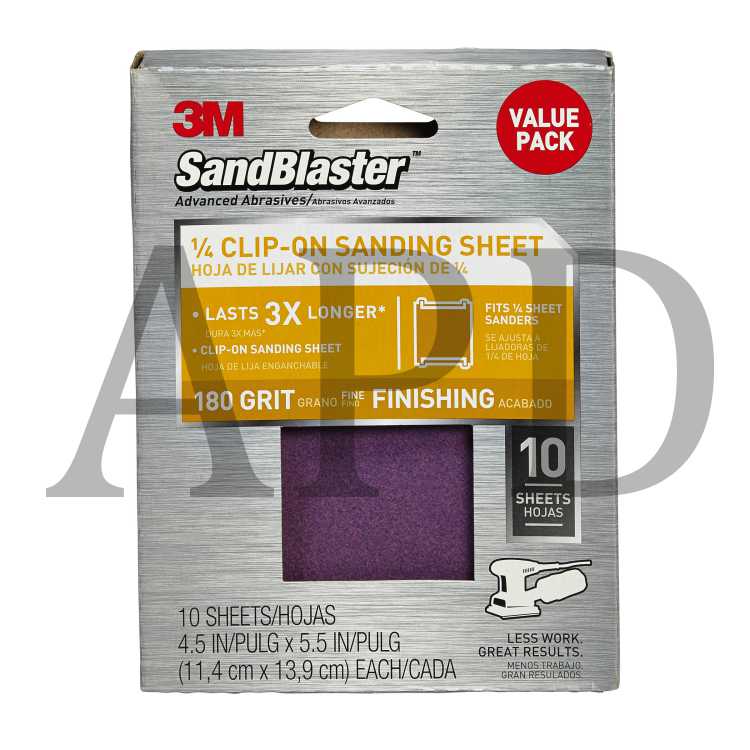 3M™ SandBlaster™ Palm Sander Sheets 99662SB-ES, 4.5 in x 5.5 in, 180
grit, 10/pk
