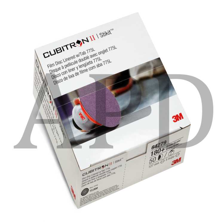 3M™ Cubitron™ II Stikit™ Film Disc 775L, 150+, 5 in x NH, Linered w/Tab,
Die 500X, 50 per inner, 250 per case