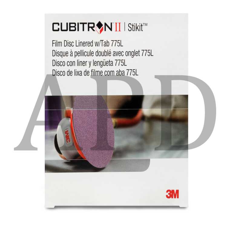 3M™ Cubitron™ II Stikit™ Film Disc 775L, 220+, 5 in x NH, Linered w/Tab,
Die 500X, 50 per inner, 250 per case