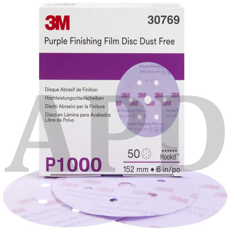 3M™ Hookit™ Purple Finishing Film Abrasive Disc 260L, 30769, 6 in, Dust
Free, P1000, 50 discs per carton, 4 cartons per case