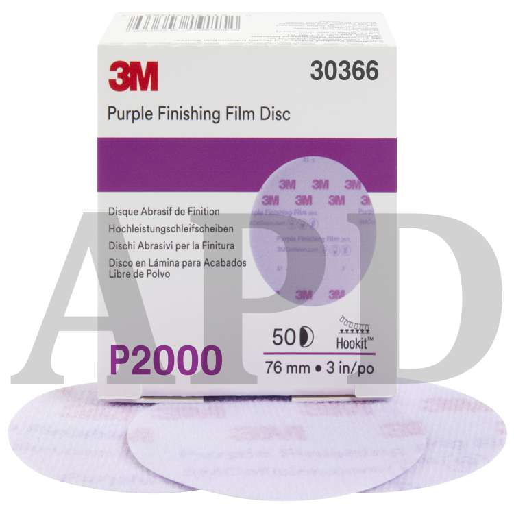 3M™ Hookit™ Purple Finishing Film Abrasive Disc 260L, 30366, 3 in,
P2000, 50 discs per carton, 4 cartons per case