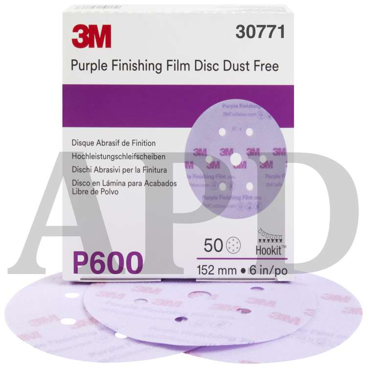 3M™ Purple Finishing Film Hookit™ Disc Dust-Free, 30771, 6 in, P600, 50
discs per carton, 4 cartons per case