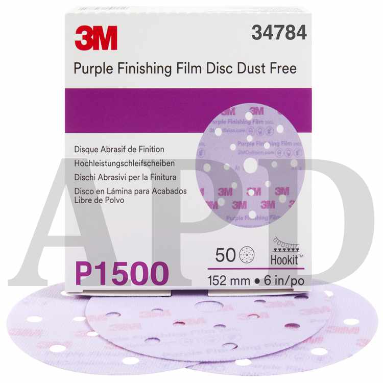 3M™ Hookit™ Purple Finishing Film Abrasive Disc 260L, 34784, 6 in, Dust
Free, P1500, 50 discs per carton, 4 cartons per case