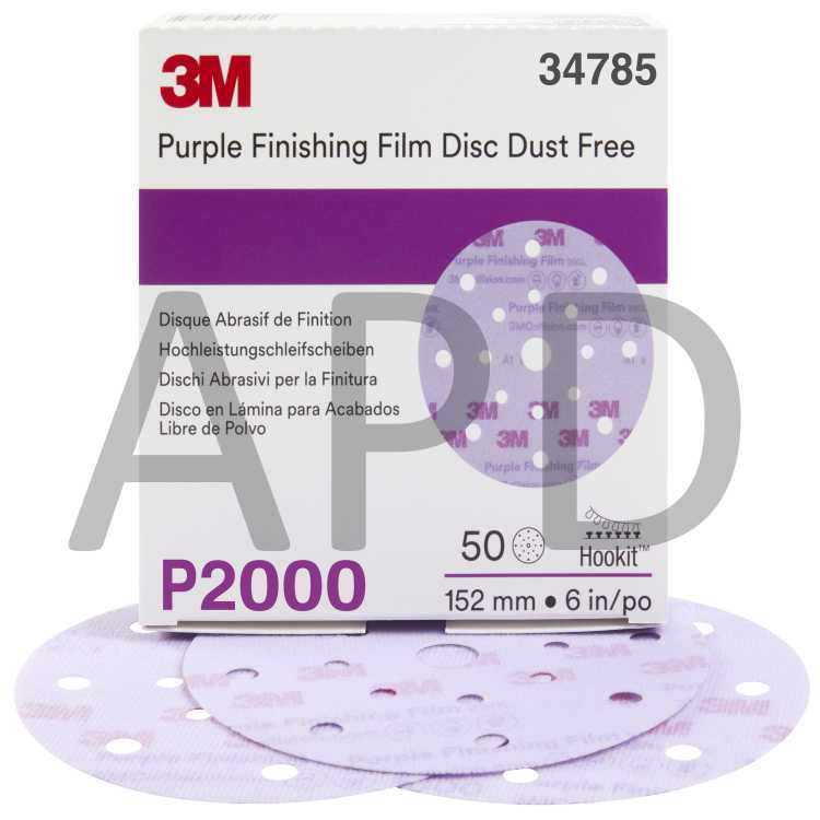 3M™ Hookit™ Finishing Film Disc Dust-Free, 34785, 6 in, 17 Hole, P2000,
50 discs per carton, 4 cartons per case